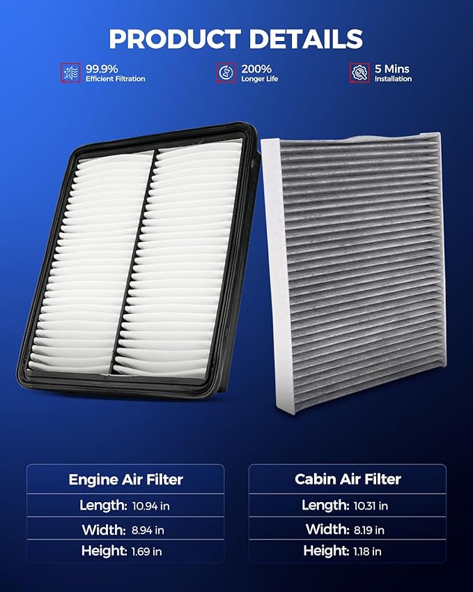 KAX Engine & Cabin Air Filter Kit, Replacement for Kia Sorento 2011-2013, Hyundai Santa Fe 2010 (To 12/08/2010), Replace# CA10881 CF11664