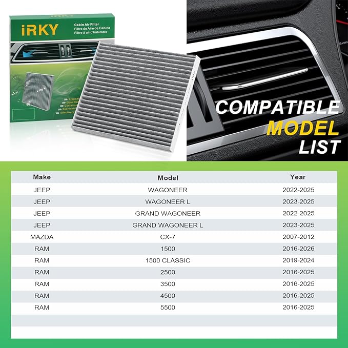 CF11671 Cabin Air Filter Replacement with Activated Carbon CP671 Compatible with RAM 1500 2016-2026,RAM 2500/3500/5500 2016-2025,RAM 4500 2016-2025;Jeep Wagoneer 2022-2025;Mazda CX-7 2007-2012