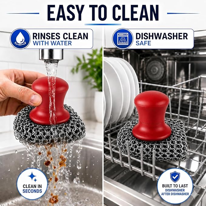 Cast Iron Scrubber and Scraper | 316 Chainmail Scrubber for Cast Iron Pan Skillet Cleaner | Chain Mail Scrubber for Dishes Pots Wok Griddle Grill | Dish Scouring Pad Dishwasher Safe, Red 01
