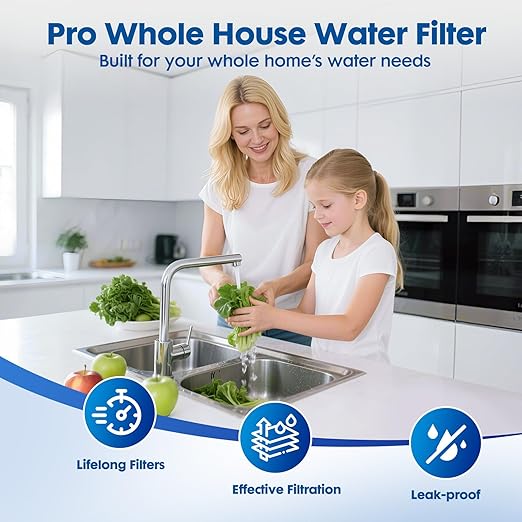 Whole House Water Filter System, 3-Stage Home Water Filtration System Highly Reduces Chlorine Odor,Taste, Delivers Crisp Water for Healthier Skin, 3/4" Ports with 2 Valves, Extra 2 Sets Filter Supply