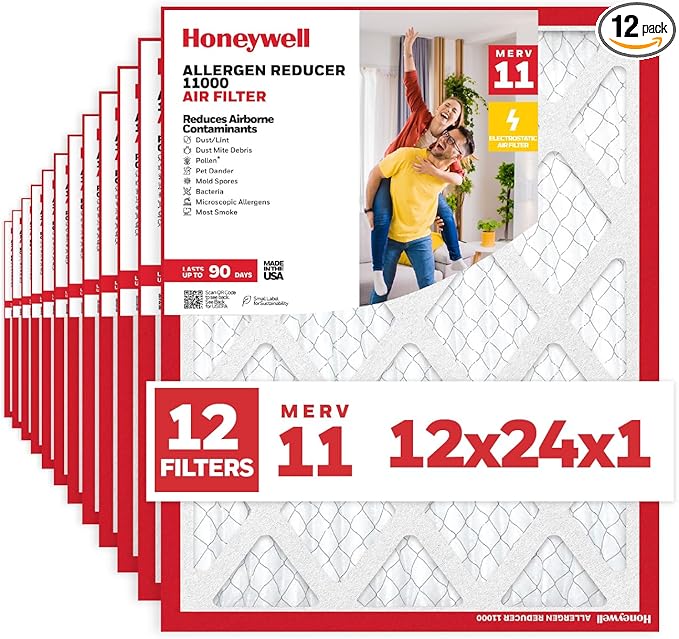 Honeywell 12x24x1 MERV 11 Allergen Reducer 11000 Electrostatic Pleated HVAC AC Furnace Air Filter (12-Pack) | Replacement Filter for Home Use | Made in USA