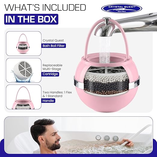 Crystal Quest Bath Ball Filter for Tub Faucet, Bathtub Water Filter, BPA-Free Bathtub Filter, Removes Chlorine, Lead & Impurities, Improves Skin, Hair & Nails, with Extra Cartridge - Pink
