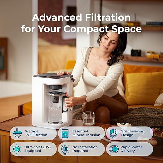 Bluevua RO100ROPOT-Lite Countertop Reverse Osmosis Water Filter System, 3:1 Pure to Drain Ratio, Portable RO Filtration with Remineralization, No Installation, WQA Certified, 7-Stage UV White