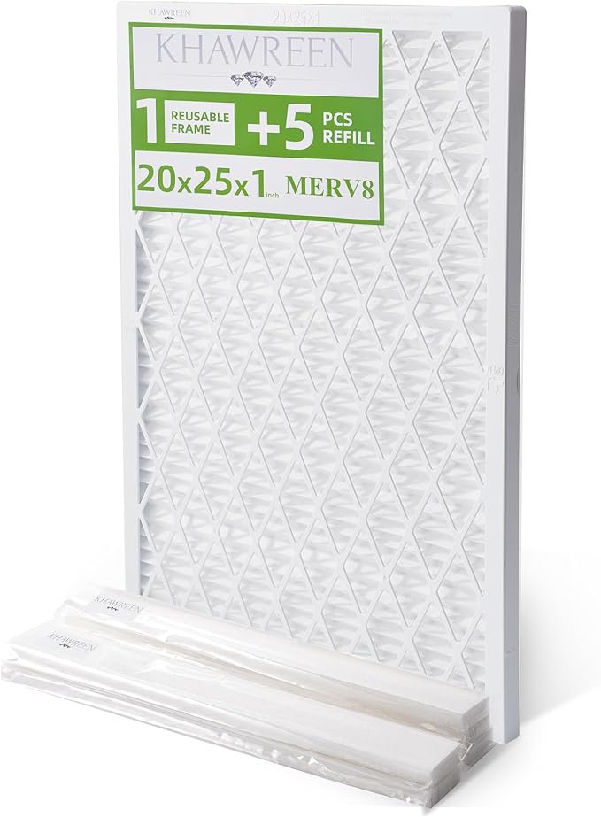 Reusable Air Filter Kit, MERV 8, Compatible with AC & Furnace System, Reusable & Washable 1 ABS Plastic Frame & 5 Replaceable Filter Media. (20x25x1in)