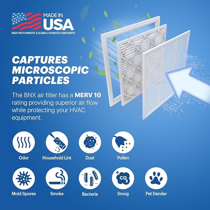 BNX TruFilter 20x20x1 MERV 10 (4-Pack) AC Furnace Air Filter - MADE IN USA - Pleated Air Conditioner HVAC AC Furnace Filters - Removes Odor, Mold, Bacteria, Smoke