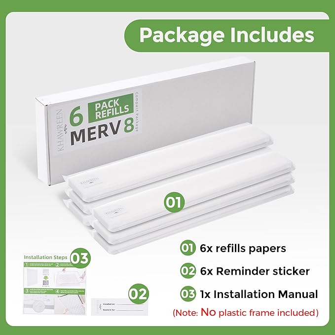 Pack of 6 Refills Filter Media, Compatible with Reusable ABS Plastic Frame HVAC, Furnace & AC System – MERV 8 Efficiency, Easy to Replace (ABS Frame Not Included) (20x20x1in)