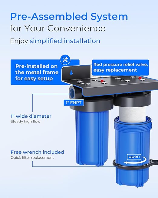 Waterdrop 2 Stage Whole House Water Filter System, with Heavy Metal and Anti-Scale Sediment Filter, Highly Reduce Iron, Scale, Lead, Chlorine, Taste, 7-Stage Filtration, WD-WHF21-SH, 1" Inlet/Outlet