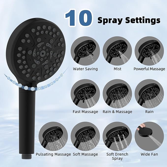 12“ All Metal Black Rain Shower Head with Handheld Spray Combo, High Pressure Rainfall Shower Head with16" Shower Extension Arm, 5“ Handheld Spray Powerful Clean 10-Mode, 3-Way Diverter, Shower Hose