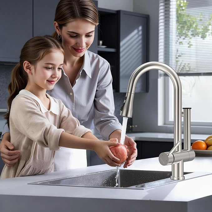 FEELSO Filter Kitchen Faucet, Stainless Steel Pull Down Sprayer, Reduces Lead Chlorine, High Arc 1 or 3 Hole Farmhouse Sink Faucet