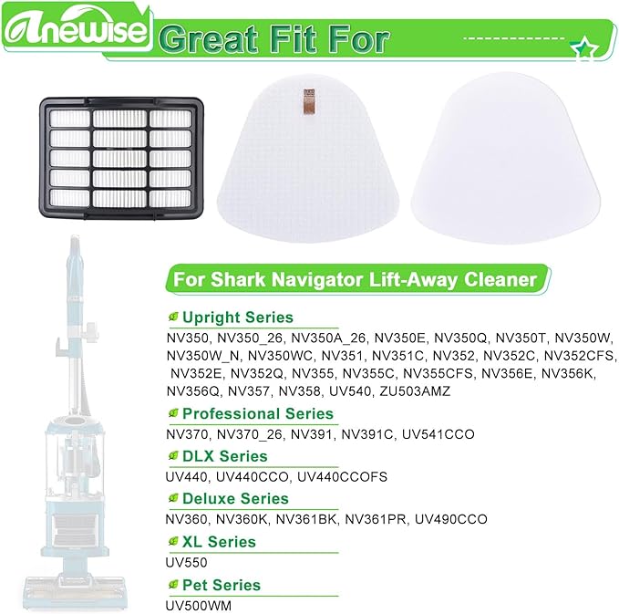 Anewise Filter Replacement for Shark Navigator Lift Away Deluxe Professional Vacuum ZU503AMZ NV350 NV351 NV352 NV355 NV357 NV360 NV370 UV440 UV540, Parts XFF350 & XHF350, 1 HEPA + 2 Pre-Felt Filters