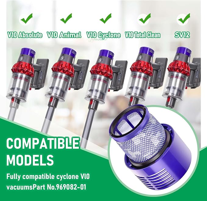 V10 Filter Replacement Compatible with Dyson V10 Animal, Absolute, Cyclone & SV12 Cordless Vacuums, Washable HEPA Filter (Part 969082-01) with Detangling Cleaning Tool, 3-Pack