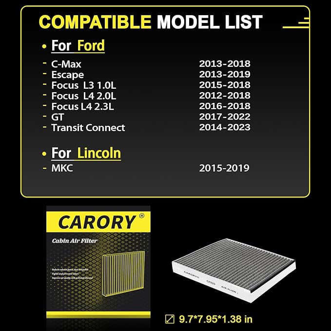 CARORY Cabin Air Filter w/Activated Carbon for Select 2013-2022 Ford, Lincoln Models - C-Max, Escape, Focus, Transit Connect, MKC, CV6Z-19N619A, FP-70, 2014 2015 2016 2017 2018 2019 2020 2021