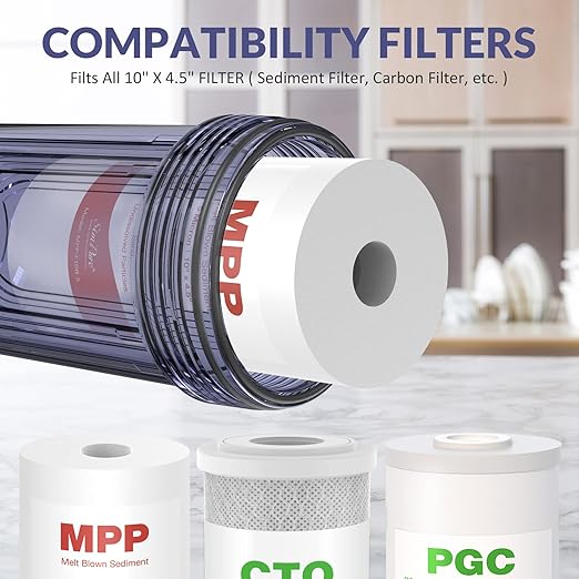 SimPure Whole House Water Big Filter Housing (DB10C), 10" x 4.5", Blue for Whole Home Water Filtration, Sediment Water Filter System for Well, 1" NPT Brass Port (Clear Housing)