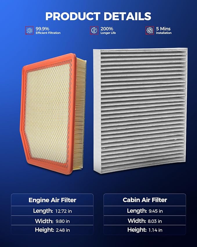 KAX Engine & Cabin Air Filter Kit, Replacement for Chevrolet Silverado 1500/2500 HD/3500HD, Suburban, GMC Sierra 1500/2500HD/3500HD, Yukon XL, Cadillac Escalade, Escalade ESV, Replace# CA12405 CF11966