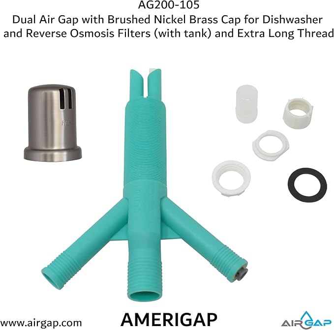 Dual Air Gap with Brushed Nickel Brass Cap for Dishwasher and Reverse Osmosis Filters (with tank) and Extra Long Thread (AG200-105, AG200-X05, AMERIGAP)