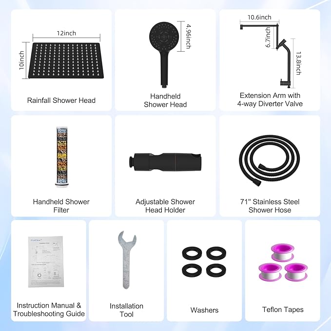 12" All-Metal High-Pressure Rain Shower Head with Handheld- 10-Spray Power Wash with Shower Filter, Easy Reach 4-Way Diverter with Pause Mode, Adjustable 16" Extension Arm/71" Hose, Oil Rubbed Bronze
