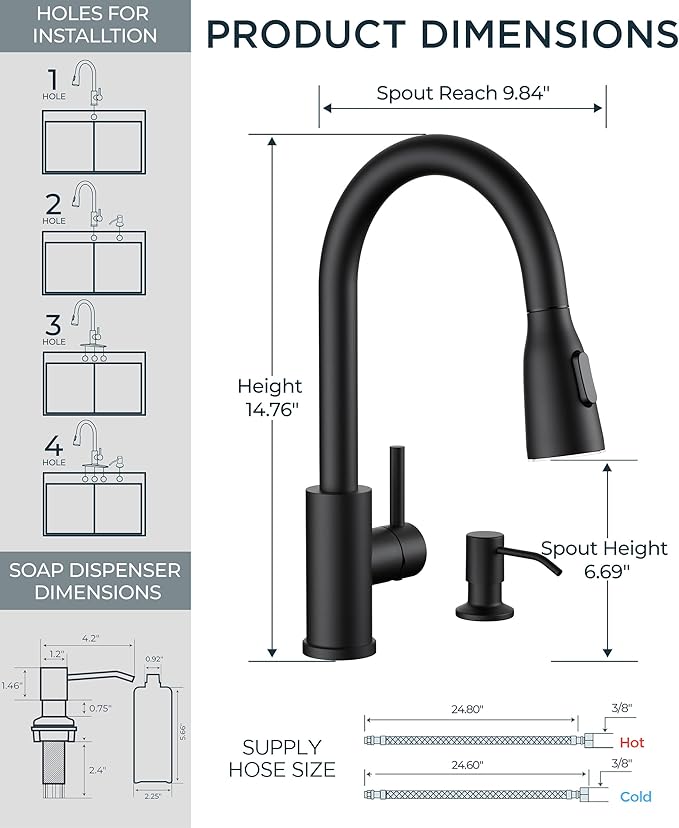 FORIOUS LED Kitchen Faucet with Soap Dispenser and Pull Down Sprayer, Matte Black High Arc Single Handle 3 Modes Stainless Steel Bar Faucet for Kitchen Sink RV Laundry Camper