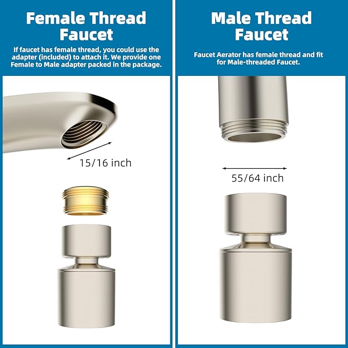 Hibbent NSF/ANSI/CAN 61 Certified Faucet Aerator, 360° Swivel Kitchen Sink Aerator, CUPC Certification 2-Flow Sink Sprayer Attachement, Faucet Replacement Part 55/64 Inch Female Thread, Brushed Nickel
