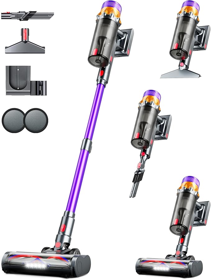 RENDOW Cordless Vacuum Cleaner, 500W 50KPA 60Mins Vacuum Cleaners for Home, Self-Standing Stick Vacuums with LED Display, Lightweight Anti-Tangle Wireless Vacuum for Pet Hair Hard Floors Carpet