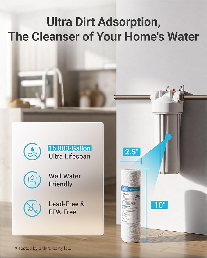 AQUA CREST 5 Micron 10"x2.5" String Wound Sediment Water Filter Cartridge for Well Water, Universal Replacement for Any 10 inch RO Unit, WP-5, Aqua-Pure AP110, CFS110, Culligan P5, WFPFC4002, 6Pack