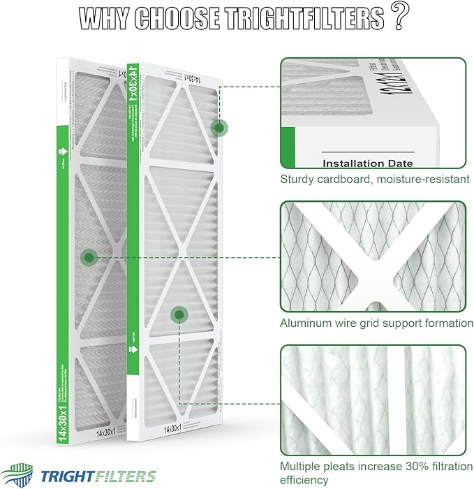 TRIGHTFILTERS 14x30x1 Air Filter 4 Pack, MERV 8 Pleated Dust Defense Air Filters Replacement Air Conditioner HVAC AC Furnace Filter, Durable and Lightweight