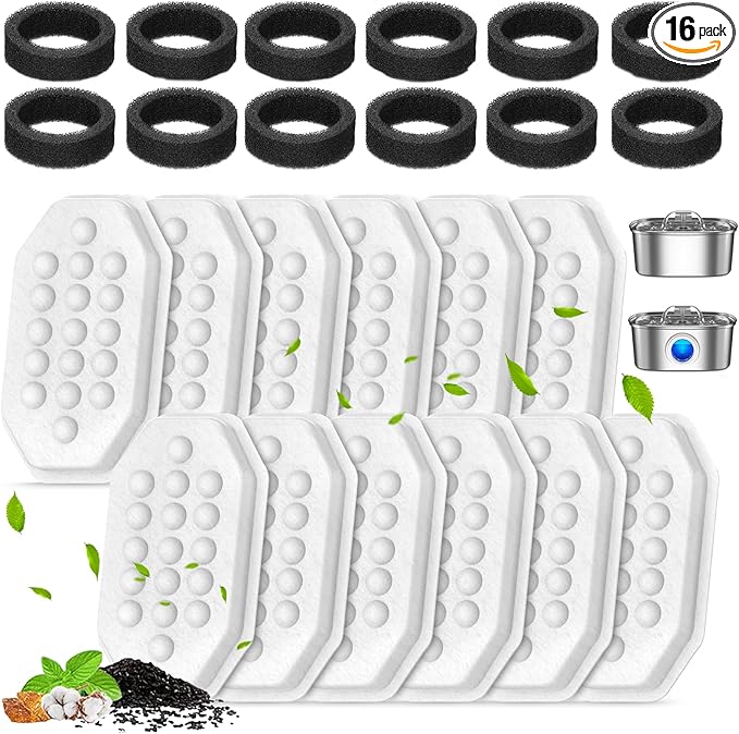 Cat Water Fountain Filters Pre-Filter Sponges for 3.2L/108oz Automatic Pet Fountain Dog Water Fountain (12 Filters& 12 Sponges)