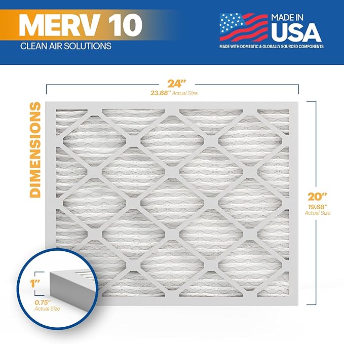 BNX TruFilter 20x24x1 MERV 10 (6-Pack) AC Furnace Air Filter - MADE IN USA - Pleated Air Conditioner HVAC AC Furnace Filters - Removes Odor, Mold, Bacteria, Smoke