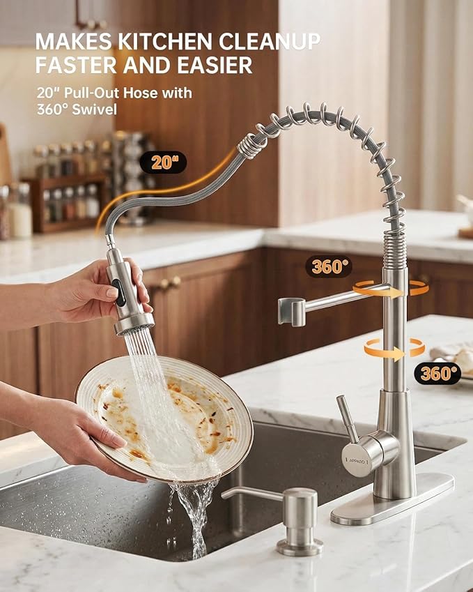 APPASO Kitchen Faucet with Soap Dispenser Brushed Nickel, Pull Down Commercial Single Handle High Arc Faucet for Sink, Stainless Steel Kitchen Faucet for Sink 2 or 4 Hole