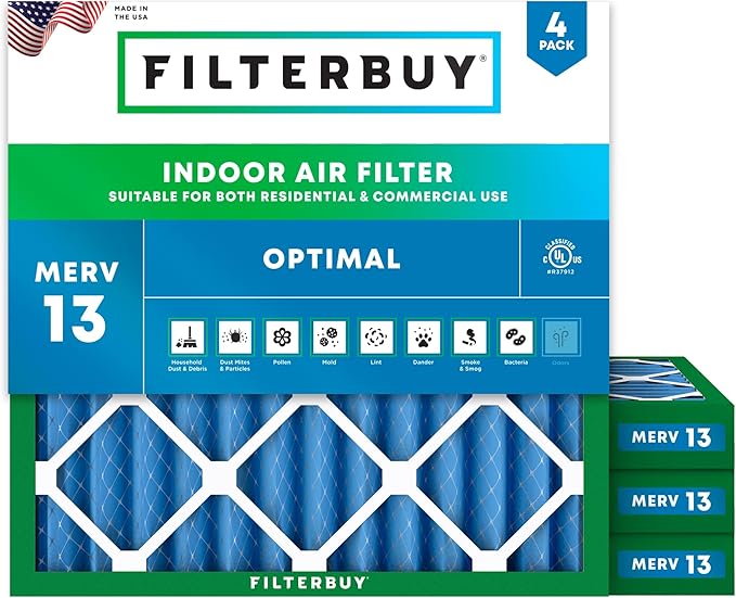 Filterbuy 18x18x2 Air Filter MERV 13 Optimal Smoke & Allergy Defense (4-Pack), Electrostatic Pleated HVAC AC Furnace Filters Replacement, Made in USA (Actual Size: 17.75 x 17.75 x 1.75)