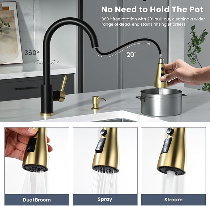 APPASO Black and Gold Kitchen Faucet, CUPC-Certified Hoses, Lead-Free Sink Faucets with Soap Dispenser and Pull Down Sprayer 3 Modes, High Arch Faucet with Deck Plate for 1 to 4 Holes Sink