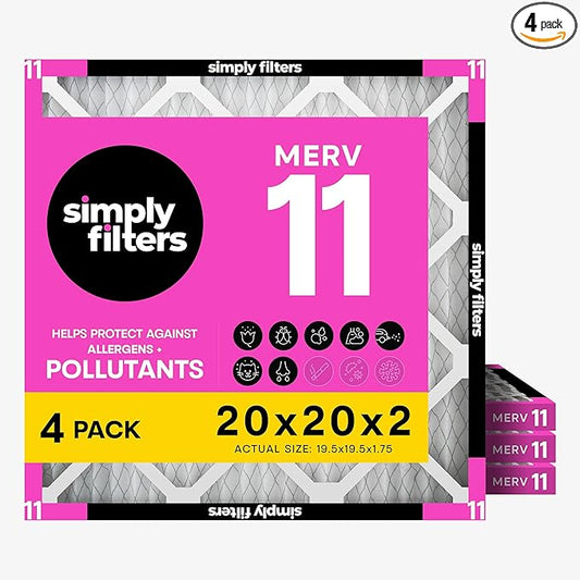 Simply 20x20x2 Air Filter, MERV 11, 4 Pack, Furnace Air Filter for HVAC (Actual Size: 19.5"x19.5"x1.75") DUST, Pet & Allergy Control