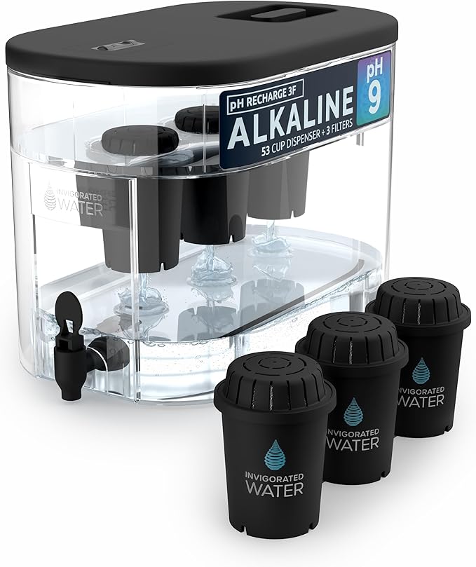 Invigorated Water - Alkaline Countertop Water Filter Dispenser, Large 53-Cup Capacity, Mineralized Alkaline Water, BPA-Free, 96 Gallons/Filter (Black, 3 Filters Included)