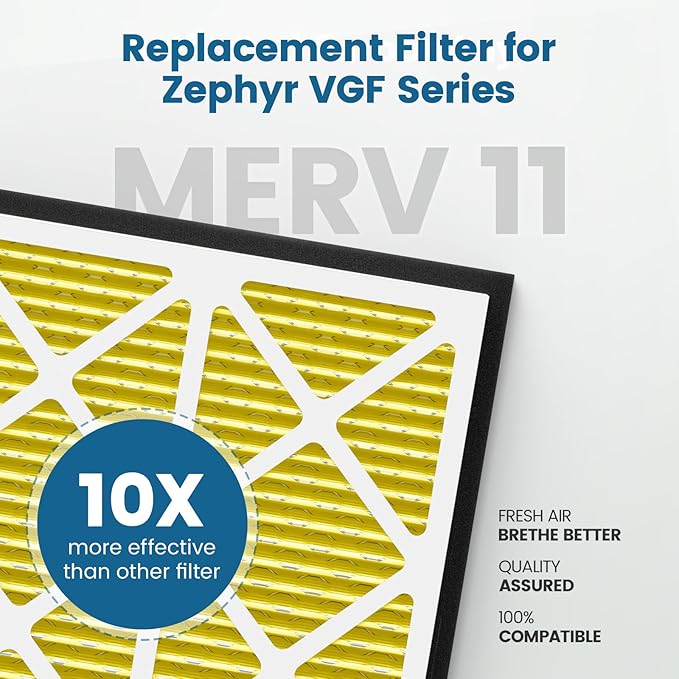 20x20x3 MERV 11 Air Filter Compatible with Zephyr VGF Series 20x20x3 Whole Home Deep Pleated Return Air Grille Filter, MERV 11 Air Filtration System, Yellow (2 Pack)