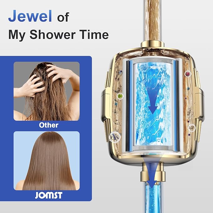 25 Stages Shower Filter with 3 Cores - Maximize Shower Sediment Filtration & Reduce 97.45% Chlorine in Shower Water - For Softer Skin & Shinier Hair - Gold