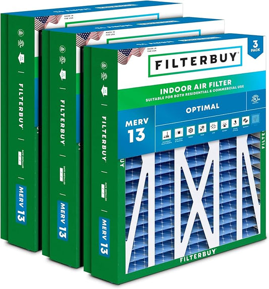 Filterbuy 21x21.5x5 Air Filter MERV 13 Optimal Smoke & Allergy Defense (3-Pack), Pleated HVAC AC Furnace Filters for Trane Perfect Fit & American Standard (Actual Size: 20.00 x 21.09 x 4.97)