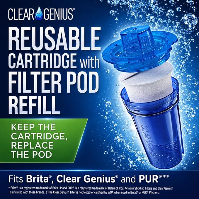 Reusable Water Filter Cartridge with Filter Pod Refill, BPA-Free, Compatible with Brita, PUR, and Clear Genius Water Pitchers