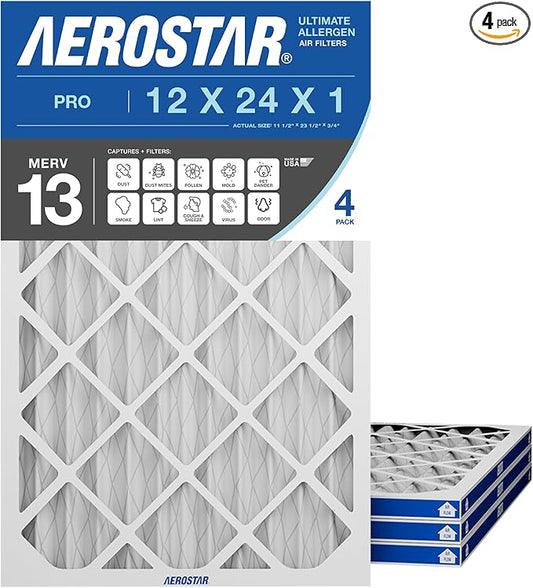 Aerostar 12x24x1 MERV 13 Pleated Air Filter, 4 Pack, AC Furnace Filters, HVAC Filter, Air Conditioner Filters, Heater Filters Replacement for Home (Actual Size: 11.5x23.5x0.75)