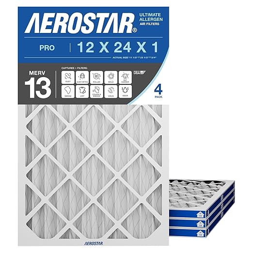 Aerostar 12x24x1 MERV 13 Air Filter, 4 Pack Set of HVAC Furnace Filters, Electrostatic MPR 1500-1900 & FPR 10 (Actual Size: 11 3/4 x 23 3/4 x 3/4 inches)