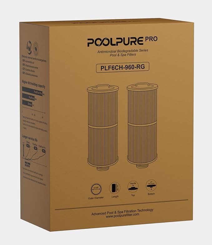POOLPURE 6CH-960 Antimicrobial Spa Filters, Compatible with PJW60TL-F2S, Jacuzzi J-300, J400, Unicel 6CH-960, FC-2800, 6540-476, 6540-383, Hot Tub Filter with Closed Handle