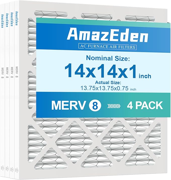 14x14x1 Air Filter 4 Pack MERV 8 AC Air Filters 14x14 Furnace Replacement Filter Pleated Dust Defense for Home Office MPR 600 FPR 5 (Actual Size: 13.75x13.75x0.75 Inches)