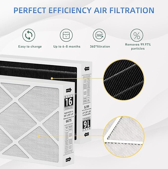 X6675 Merv 16 20x25x5 Efficient Furnace Filter Compatible with Lennox X6675 and Lennox HCC20-28 Furnace HVAC System, Part Number HCF20-16, 2 Pack