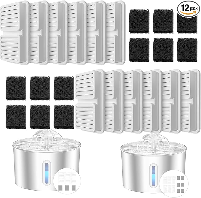 Replacement Filter for Cat water Fountain - 12 Packs Pet Water Bowl Filters - 12 Filters & 12 Sponges for Stainless Steel Cats/Dog Water Dispenser - Activated Carbon & Sponge Foam Filtered