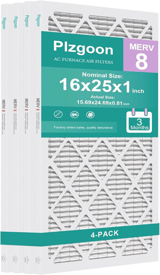 16x25x1 Air Filter MERV 8 MPR 600 (4 Pack) Pleated HVAC Furnace Filters for Home Air Conditioner AC Heating System (Exact Dimensions: 15.75"L x 24.75"W x 0.75"Th)