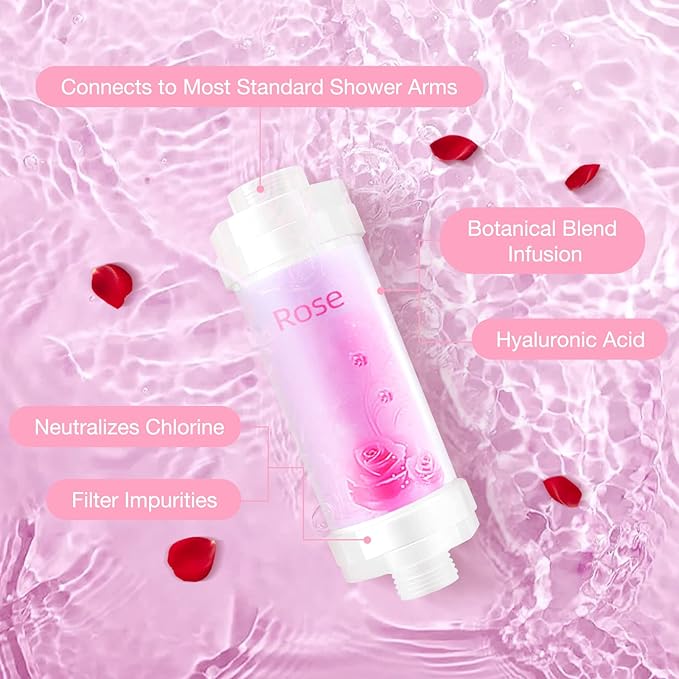 Vitamin C Shower Filter for Hard Water, Shower Head Filter to Chlorine Fluoride Sediment, Water Purifying Filtered Shower Head with Beads, Helps Dry Skin & Hair Loss, Easy Installation (Rose)