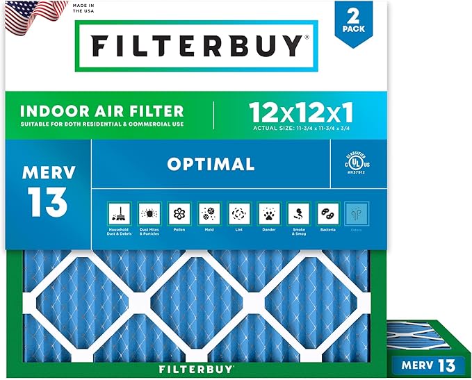Filterbuy 12x12x1 Air Filter MERV 13 Optimal Smoke & Allergy Defense (2-Pack), Electrostatic Pleated HVAC AC Furnace Filters Replacement, Made in USA (Actual Size: 11.75 x 11.75 x 0.75)