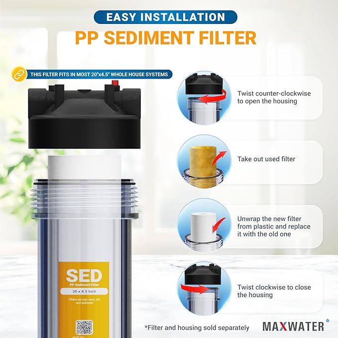 Max Water 1 Micron 20 x 4.5 Sediment Filter - Whole House BB Water Filtration System Replacement Cartridge Compatible with DGD-5005-20, FP25B, SDC-45-2005 (1 Pack)