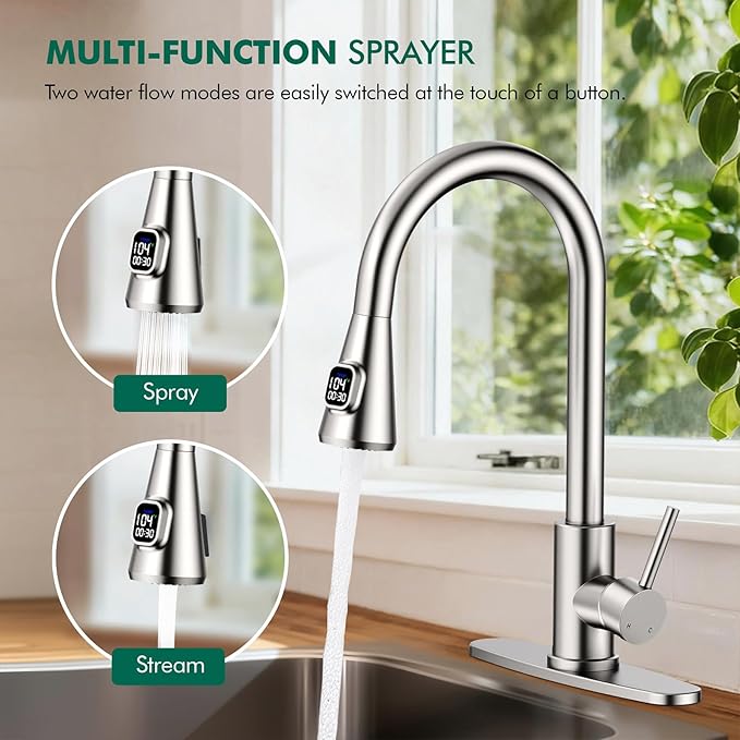 HOMELODY Upgraded Filter Water Kitchen Faucet with Pull Down Sprayer - LED Temperature Display Kitchen Faucets 1 Or 3 Hole Kitchen Sink Faucet for Remove Lead, Chlorine, Bad Taste & Odor