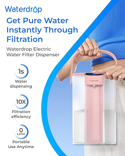 Waterdrop ED01P Electric Water Filter Pitcher, Reduce 99.6% of Lead and 45+ Impurities, 15-Cup 200-Gallon Capacity, Rechargeable Instant Dispenser, NSF/ANSI 42&53&401&372, Does not Lower TDS, Pink