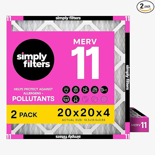 Simply 20x20x4 Air Filter, MERV 11, 2 Pack, Furnace Air Filter for HVAC (Actual Size:19.5"x19.5"x3.63") DUST, Pet, & Allergy Control