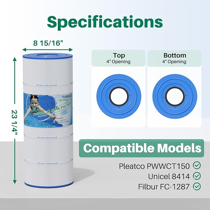 TOREAD PWWCT150 Pool Filter Replaces PWWCT150, Ultral-B3, Clearwater II ProClean 150, 817-0150N, Unicel 8414, Filbur FC-1287, SD-00210, 150 Sq.ft Filter Cartridge 1PACK